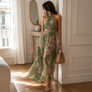 Floral Halter Chiffon Maxi Dress