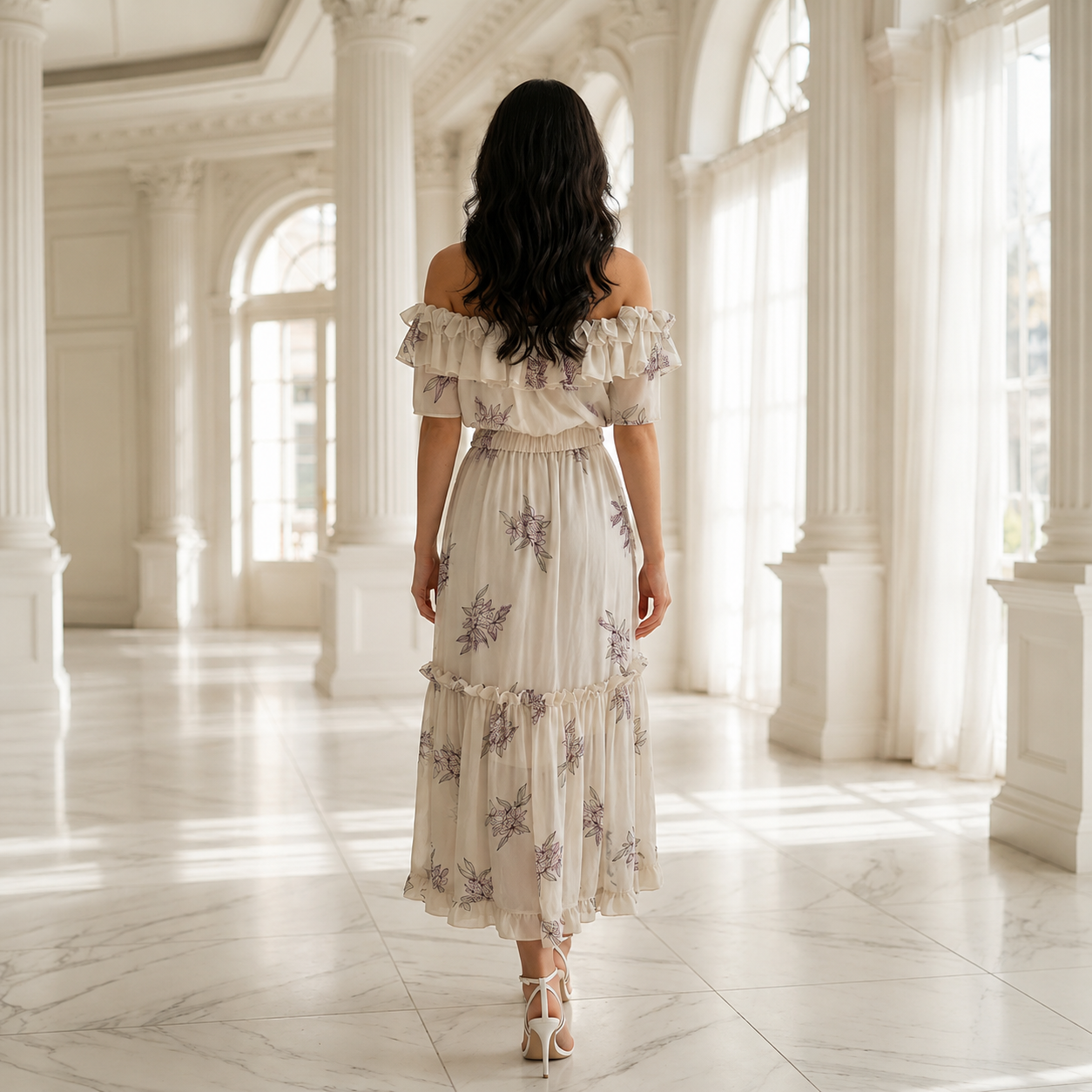 Off Shoulder Floral Chiffon Maxi Dress - Image 2