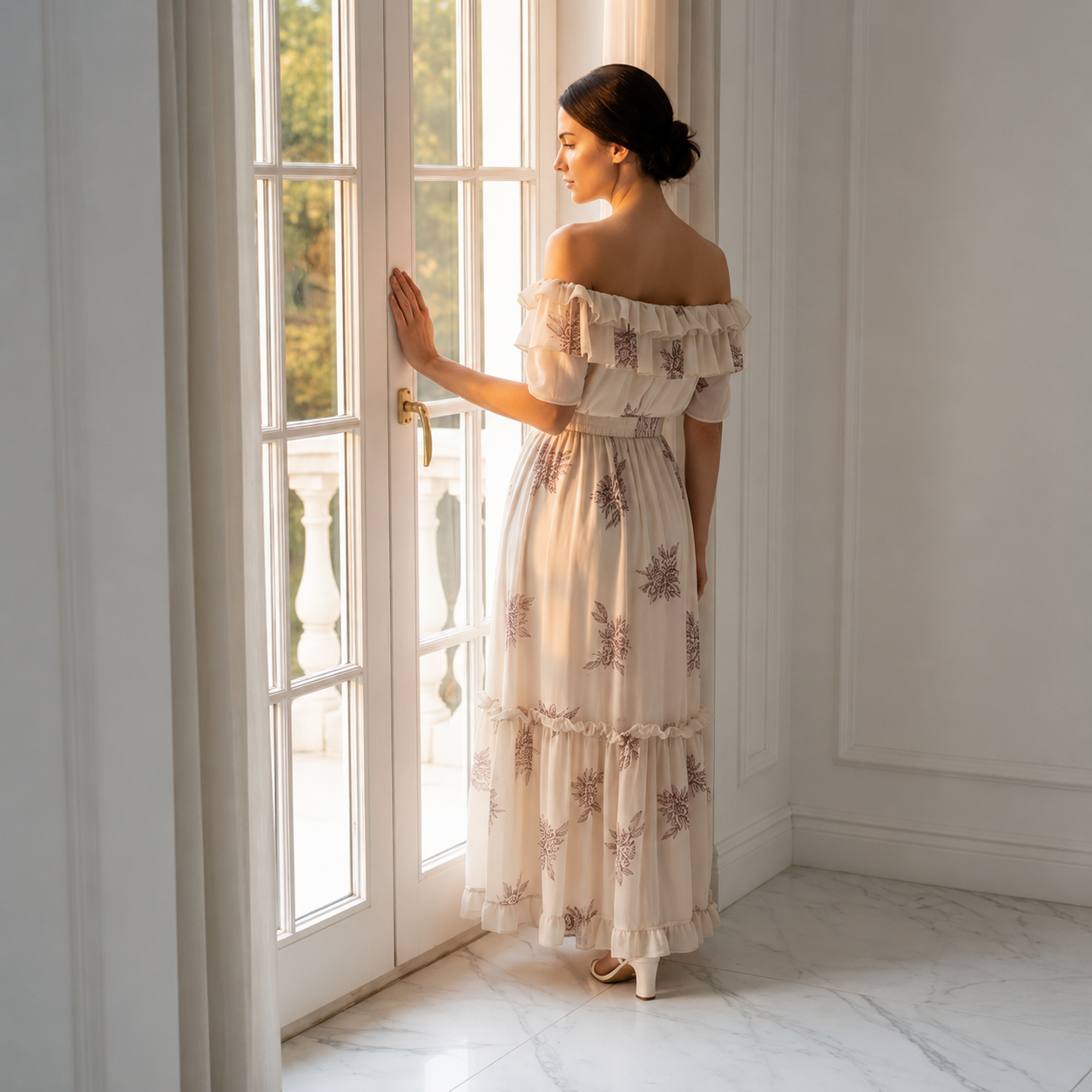 Off Shoulder Floral Chiffon Maxi Dress - Image 4